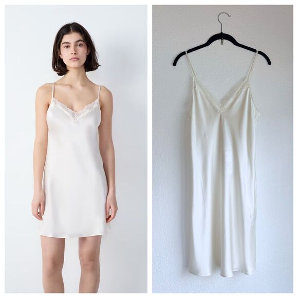 NWT Etam Milky Washable Silk Lace Detail Slip Chemise Nightie in Pearl Size S - Picture 1 of 14